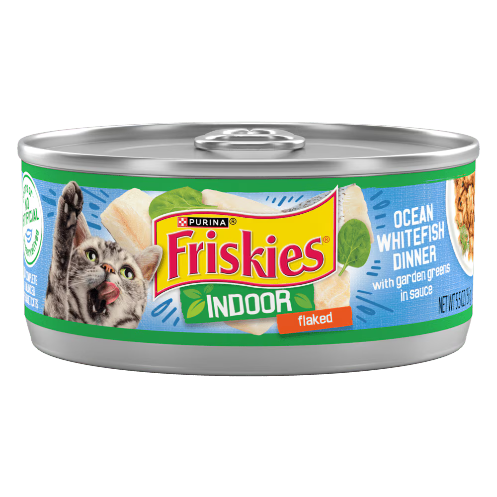 Purina Friskies Indoor Flaked – Ocean Whitefish with Garden Greens (156g)