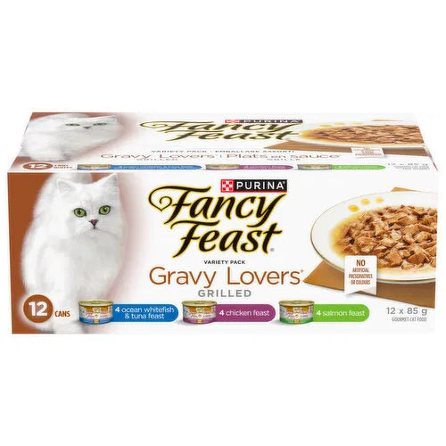 Purina Fancy Feast Gravy Lovers Grilled Variety Pack – Ocean Whitefish, Tuna, Chicken & Salmon (12 x 85g)