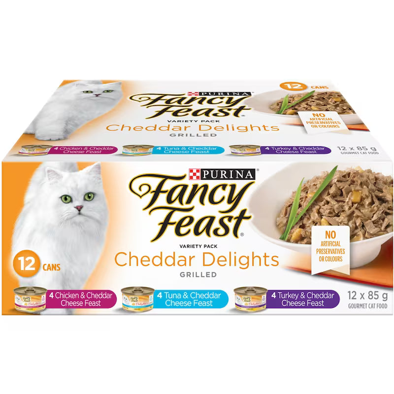 Purina Fancy Feast Cheddar Delights Variety Pack – Chicken, Tuna & Turkey with Cheddar (12 x 85g)