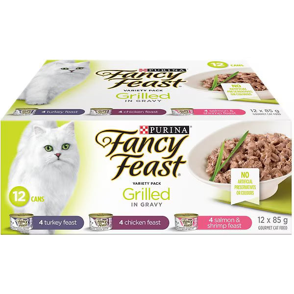 Purina Fancy Feast Grilled in Gravy Variety Pack – Turkey, Chicken, Salmon & Shrimp (12 x 85g)