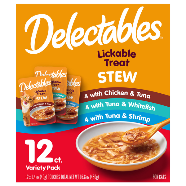 Delectables Lickable Treat Stew Variety Pack  – Chicken-Tuna, Tuna-Whitefish & Tuna-Shrimp (12 x 40g)